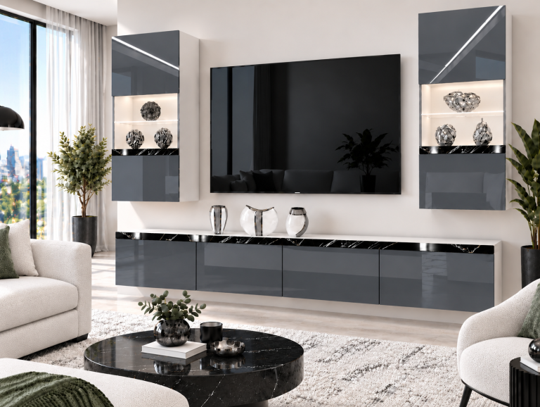 Parete attrezzata Prestige 200 cm TV/RTV grigia lucida Produttore IMP P Keanu 7/5/W/S/0/0/CS