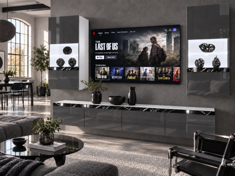 Parete attrezzata Prestige 200 cm TV/RTV grigia lucida Produttore IMP P Keanu 7/5/W/S/0/0/CS