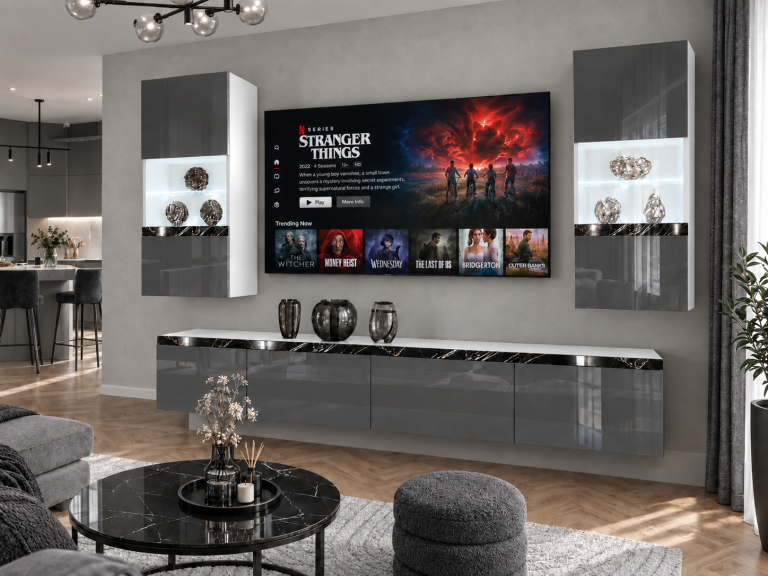 Parete attrezzata Prestige 200 cm TV/RTV grigia lucida Produttore IMP P Keanu 7/5/W/S/0/0/CS