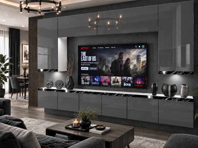 Parete attrezzata Prestige 300 cm TV/RTV grigia lucida Produttore IMP P Monroe 2/5/W/S/0/0/CS