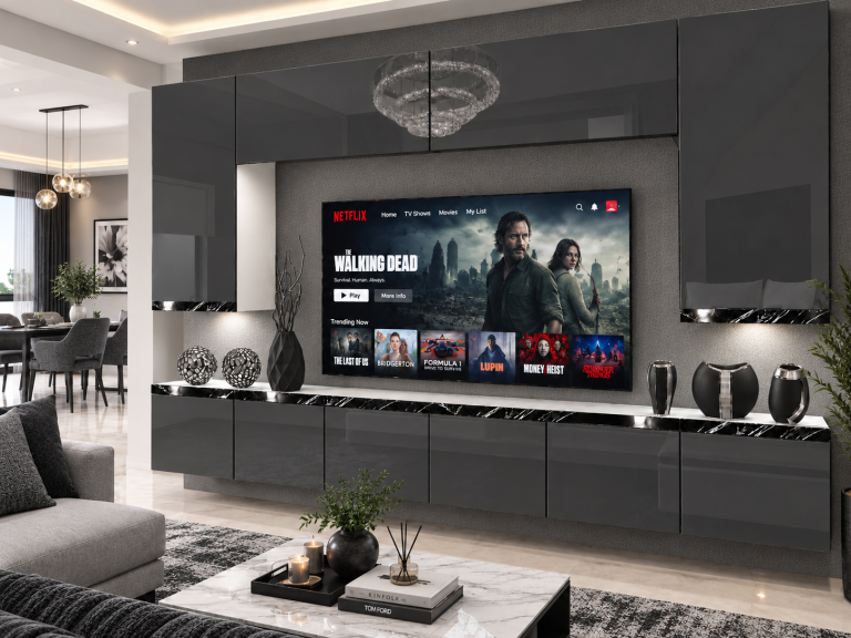 Parete attrezzata Prestige 300 cm TV/RTV grigia lucida Produttore IMP P Monroe 2/5/W/S/0/0/CS