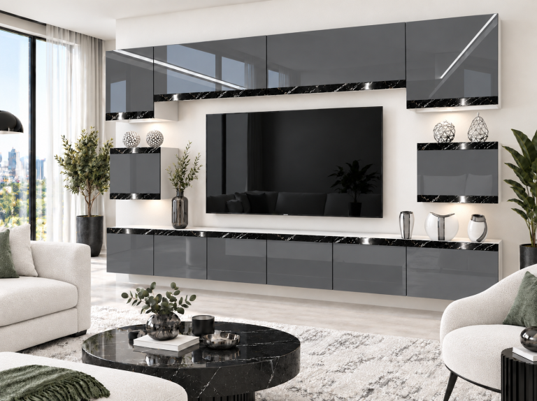 Parete attrezzata Prestige 300 cm TV/RTV grigia lucida Produttore IMP P Tarantino 3/5/W/S/0/0/CS