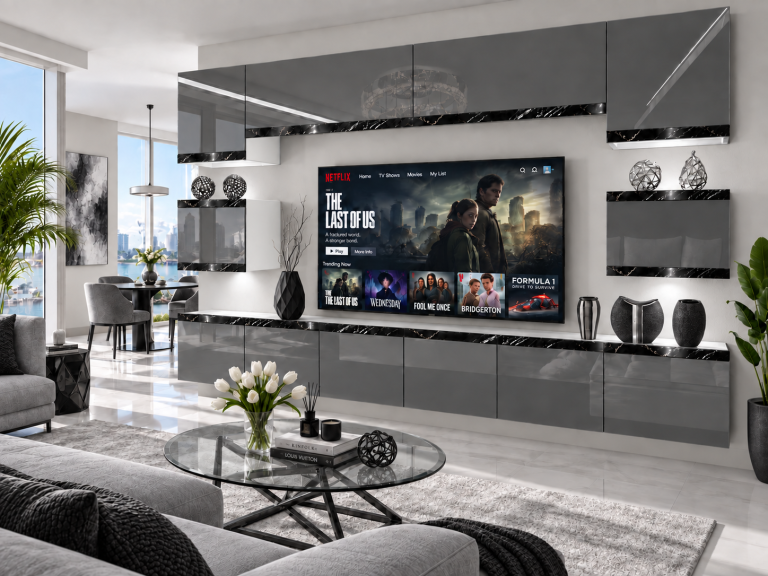 Parete attrezzata Prestige 300 cm TV/RTV grigia lucida Produttore IMP P Tarantino 3/5/W/S/0/0/CS