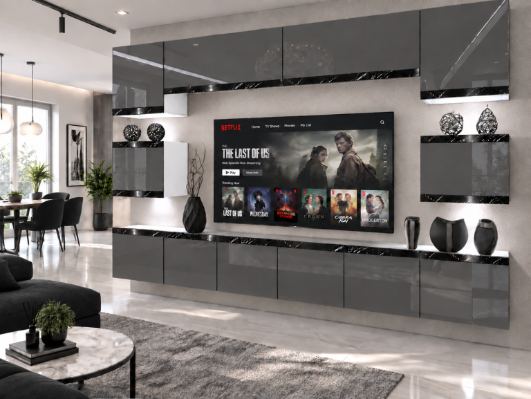 Parete attrezzata Prestige 300 cm TV/RTV grigia lucida Produttore IMP P Tarantino 3/5/W/S/0/0/CS
