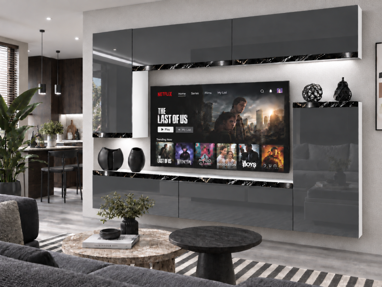 Parete attrezzata Prestige 250 cm TV/RTV grigia lucida Produttore IMP P Woody 8/5/W/S/0/0/CS