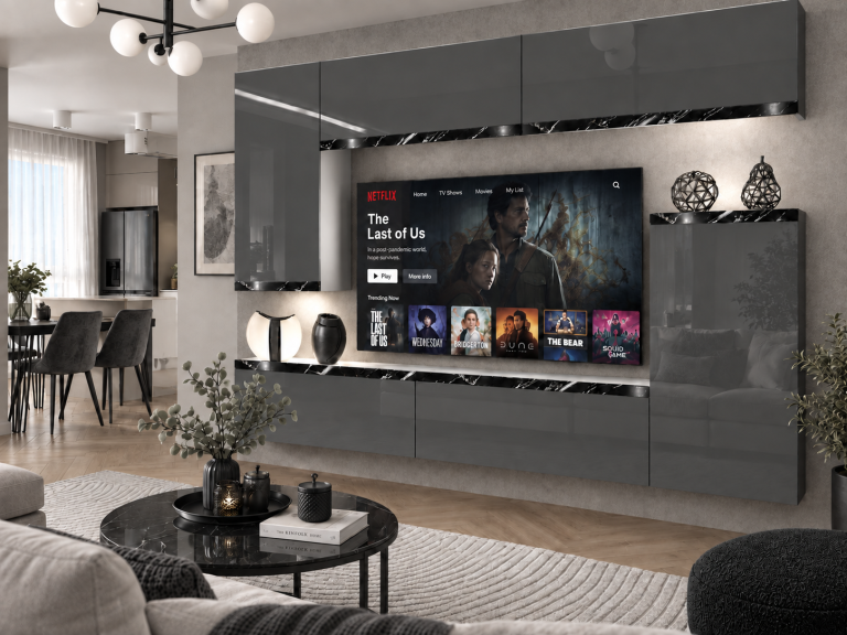 Parete attrezzata Prestige 250 cm TV/RTV grigia lucida Produttore IMP P Woody 8/5/W/S/0/0/CS