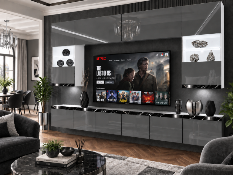 Parete attrezzata Prestige 300 cm TV/RTV grigia lucida Produttore IMP P1 Nolan 1/5/W/S/0/0/CS