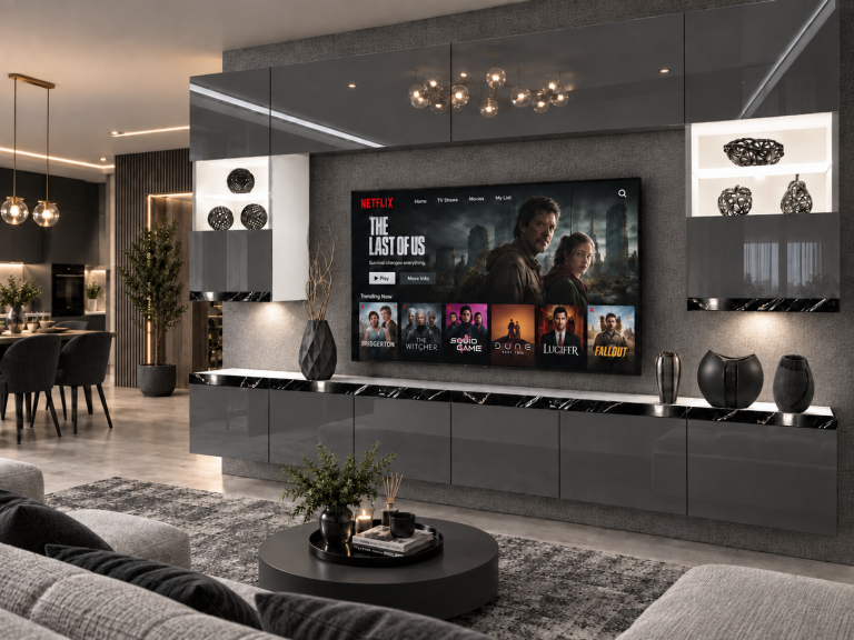 Parete attrezzata Prestige 300 cm TV/RTV grigia lucida Produttore IMP P1 Nolan 1/5/W/S/0/0/CS