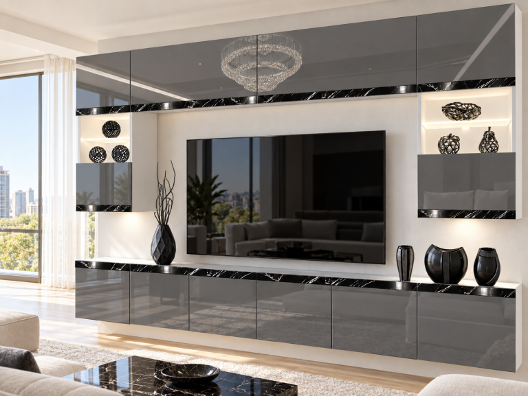 Parete attrezzata Prestige 300 cm TV/RTV grigia lucida Produttore IMP P2 Nolan 1/5/W/S/0/0/CS