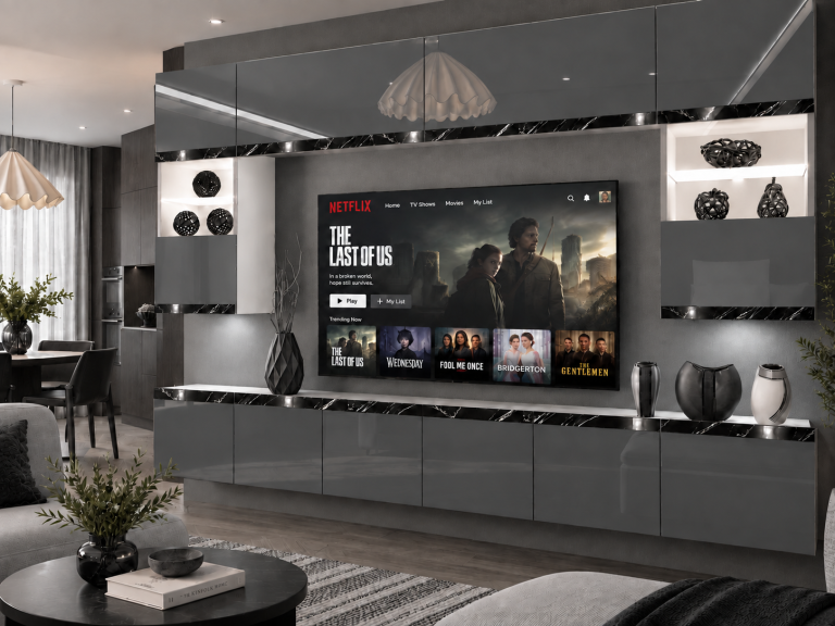 Parete attrezzata Prestige 300 cm TV/RTV grigia lucida Produttore IMP P2 Nolan 1/5/W/S/0/0/CS