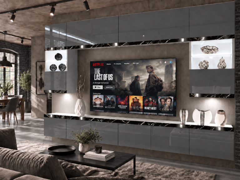Parete attrezzata Prestige 300 cm TV/RTV grigia lucida Produttore IMP P2 Nolan 1/5/W/S/0/0/CS