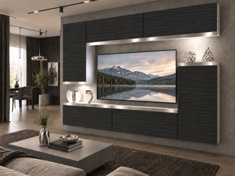 Parete attrezzata Prestige 250 cm TV/RTV nera ebano Produttore IMP P Woody 8/5/W/HK/0/0/SL