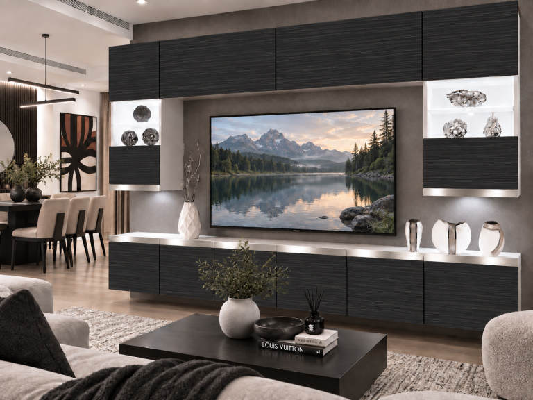 Parete attrezzata Prestige 300 cm TV/RTV nera ebano Produttore IMP P1 Nolan 1/5/W/HK/0/0/SL