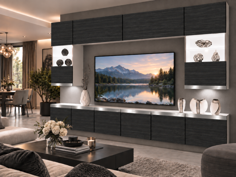 Parete attrezzata Prestige 300 cm TV/RTV nera ebano Produttore IMP P1 Nolan 1/5/W/HK/0/0/SL