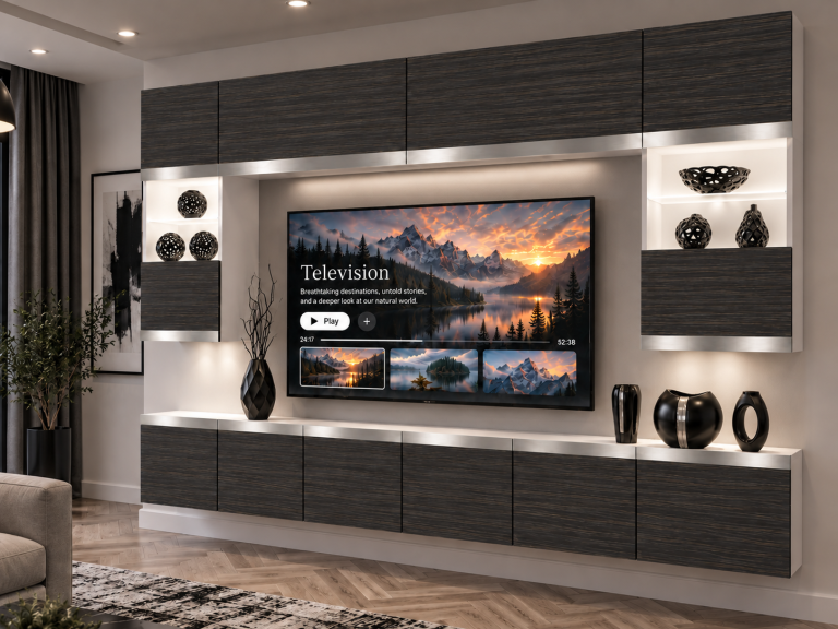Parete attrezzata Prestige 300 cm TV/RTV nera ebano Produttore IMP P2 Nolan 1/5/W/HK/0/0/SL