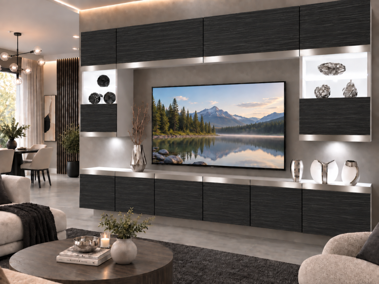 Parete attrezzata Prestige 300 cm TV/RTV nera ebano Produttore IMP P2 Nolan 1/5/W/HK/0/0/SL