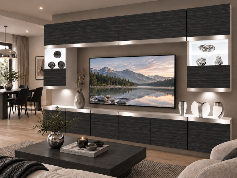 Parete attrezzata Prestige 300 cm TV/RTV nera ebano Produttore IMP P2 Nolan 1/5/W/HK/0/0/SL