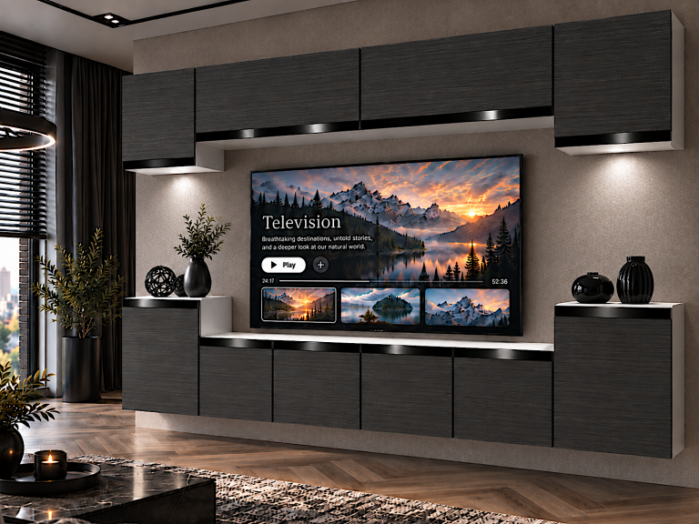 Parete attrezzata Prestige 300 cm TV/RTV nera ebano Produttore IMP P Hepburn 4/5/W/HK/0/0/CP
