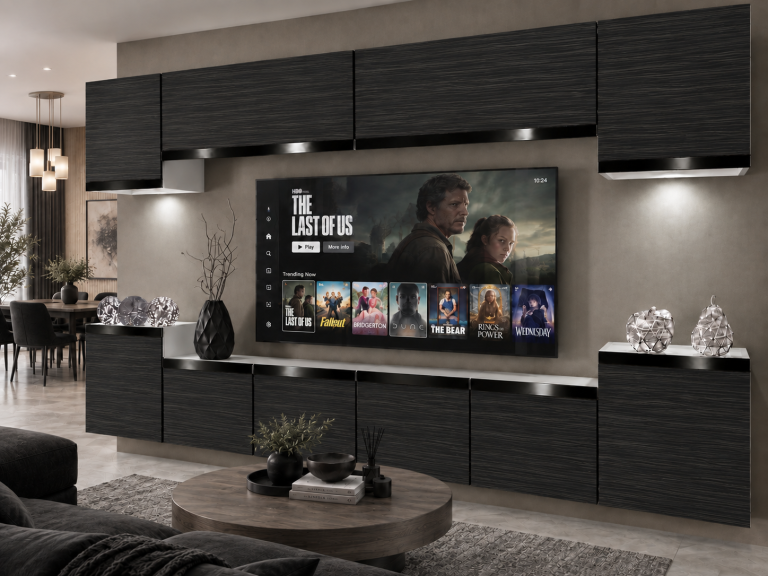 Parete attrezzata Prestige 300 cm TV/RTV nera ebano Produttore IMP P Hepburn 4/5/W/HK/0/0/CP