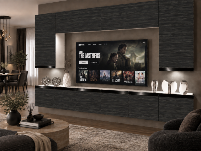 Parete attrezzata Prestige 300 cm TV/RTV nera ebano Produttore IMP P Monroe 2/5/W/HK/0/0/CP