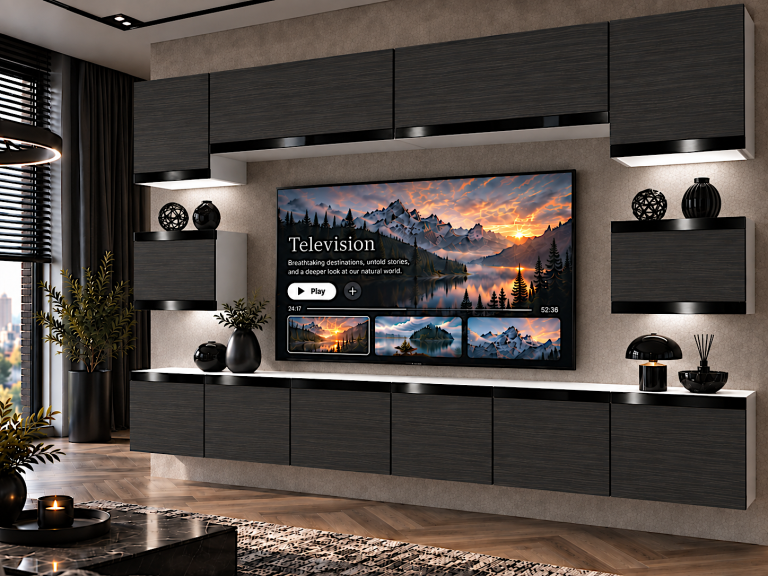 Parete attrezzata Prestige 300 cm TV/RTV nera ebano Produttore IMP P Tarantino 3/5/W/HK/0/0/CP