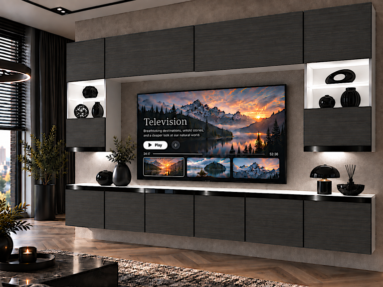 Parete attrezzata Prestige 300 cm TV/RTV nera ebano Produttore IMP P1 Nolan 1/5/W/HK/0/0/CP