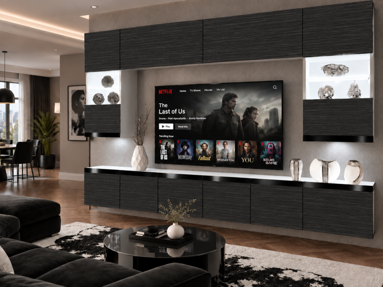 Parete attrezzata Prestige 300 cm TV/RTV nera ebano Produttore IMP P1 Nolan 1/5/W/HK/0/0/CP