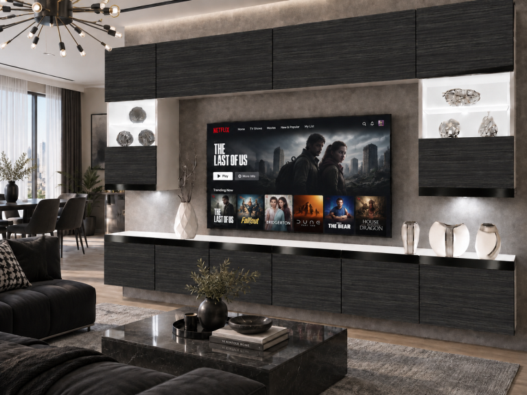 Parete attrezzata Prestige 300 cm TV/RTV nera ebano Produttore IMP P1 Nolan 1/5/W/HK/0/0/CP