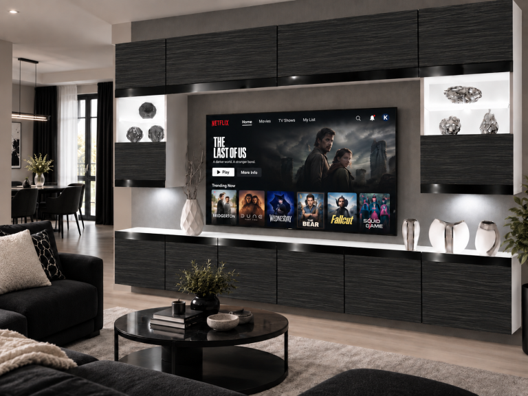 Parete attrezzata Prestige 300 cm TV/RTV nera ebano Produttore IMP P2 Nolan 1/5/W/HK/0/0/CP