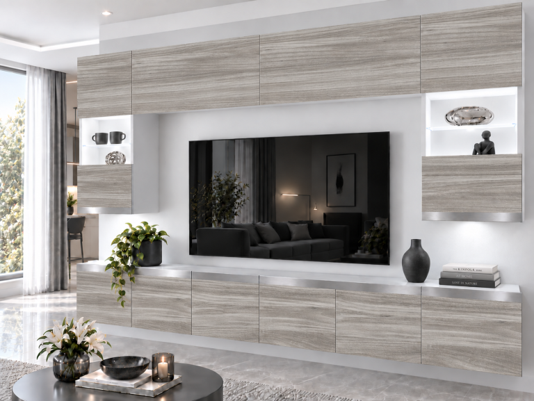 Parete attrezzata Prestige 300 cm TV/RTV grigia antracite grafite Produttore IMP P1 Nolan 1/5/W/GW1/0/0/SL