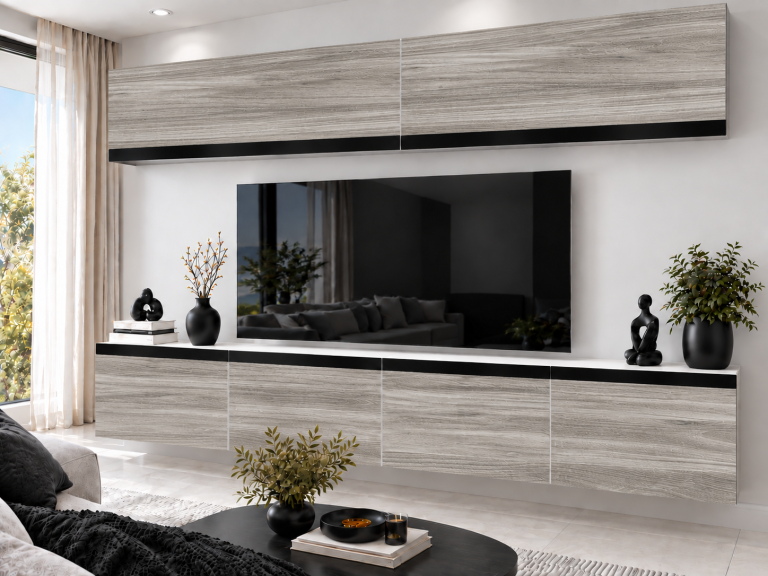 Parete attrezzata Prestige 200 cm TV/RTV grigia antracite grafite Produttore IMP P Brando 6/5/W/GW1/0/0/CM