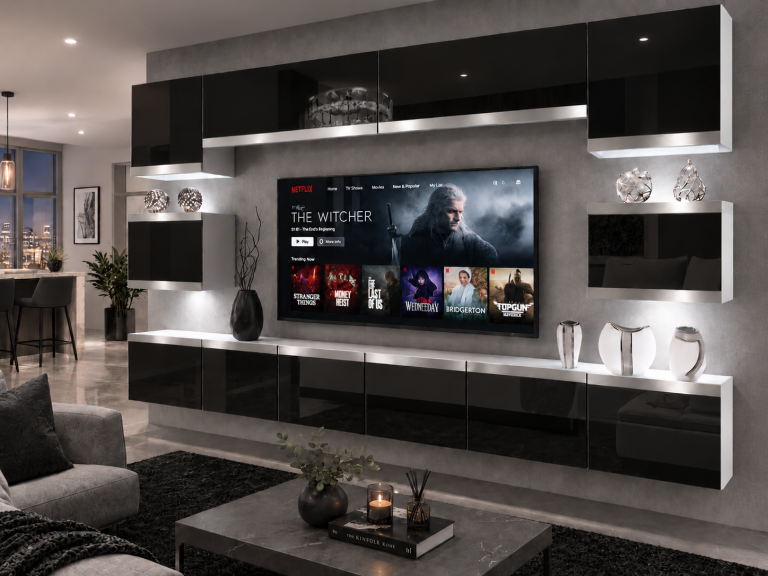 Parete attrezzata Prestige 300 cm TV/RTV nera lucida Produttore IMP P Tarantino 3/5/W/B/0/0/SL