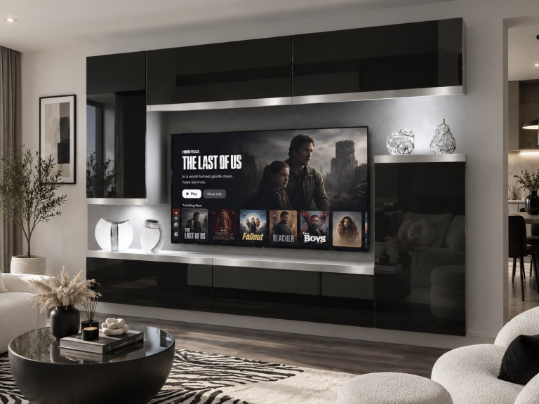 Parete attrezzata Prestige 250 cm TV/RTV nera lucida Produttore IMP P Woody 8/5/W/B/0/0/SL