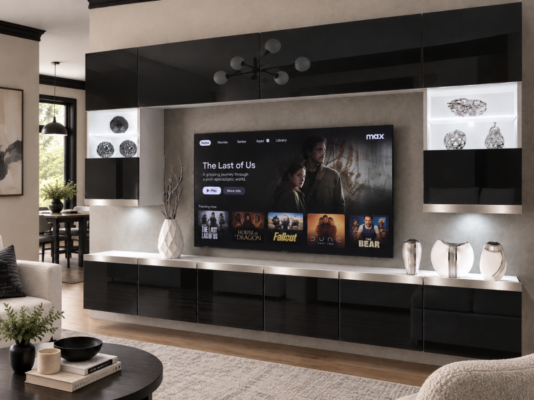 Parete attrezzata Prestige 300 cm TV/RTV nera lucida Produttore IMP P1 Nolan 1/5/W/B/0/0/SL
