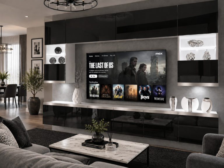 Parete attrezzata Prestige 300 cm TV/RTV nera lucida Produttore IMP P1 Nolan 1/5/W/B/0/0/SL
