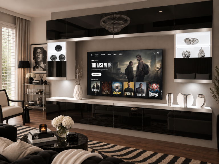 Parete attrezzata Prestige 300 cm TV/RTV nera lucida Produttore IMP P2 Nolan 1/5/W/B/0/0/SL