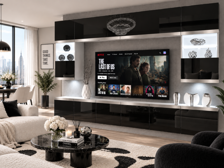 Parete attrezzata Prestige 300 cm TV/RTV nera lucida Produttore IMP P2 Nolan 1/5/W/B/0/0/SL