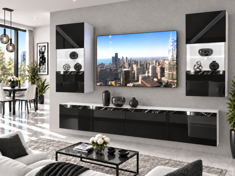 Parete attrezzata Prestige 200 cm TV/RTV nera lucida Produttore IMP P Keanu 7/5/W/B/0/0/CS