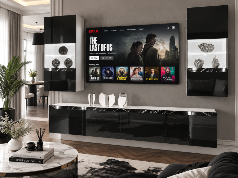 Parete attrezzata Prestige 200 cm TV/RTV nera lucida Produttore IMP P Keanu 7/5/W/B/0/0/CS