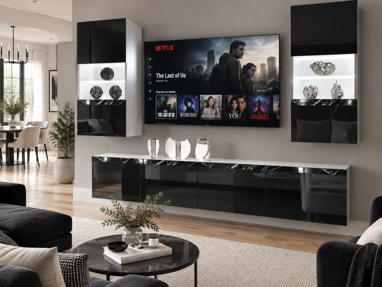 Parete attrezzata Prestige 200 cm TV/RTV nera lucida Produttore IMP P Keanu 7/5/W/B/0/0/CS