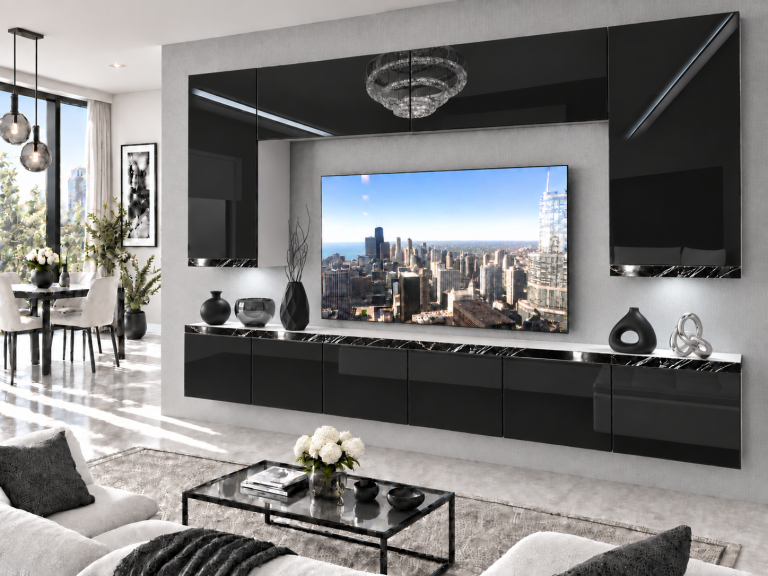 Parete attrezzata Prestige 300 cm TV/RTV nera lucida Produttore IMP P Monroe 2/5/W/B/0/0/CS