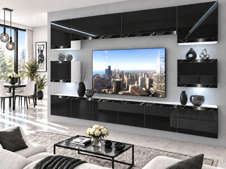 Parete attrezzata Prestige 300 cm TV/RTV nera lucida Produttore IMP P Tarantino 3/5/W/B/0/0/CS