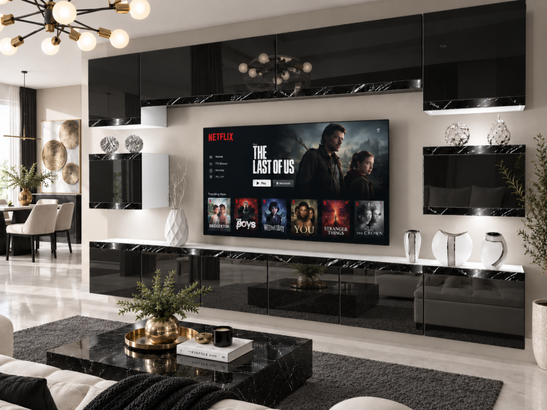 Parete attrezzata Prestige 300 cm TV/RTV nera lucida Produttore IMP P Tarantino 3/5/W/B/0/0/CS