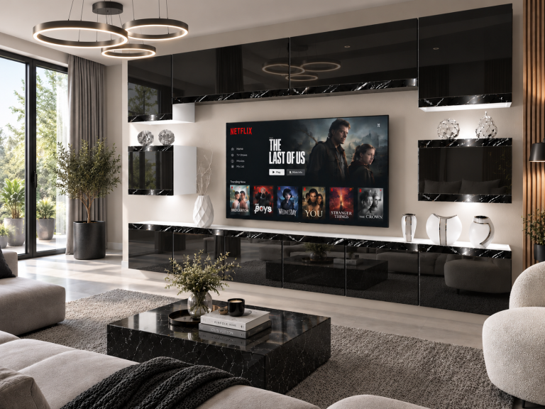 Parete attrezzata Prestige 300 cm TV/RTV nera lucida Produttore IMP P Tarantino 3/5/W/B/0/0/CS