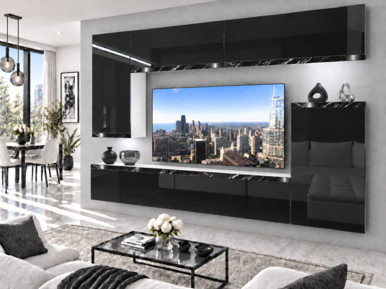 Parete attrezzata Prestige 250 cm TV/RTV nera lucida Produttore IMP P Woody 8/5/W/B/0/0/CS