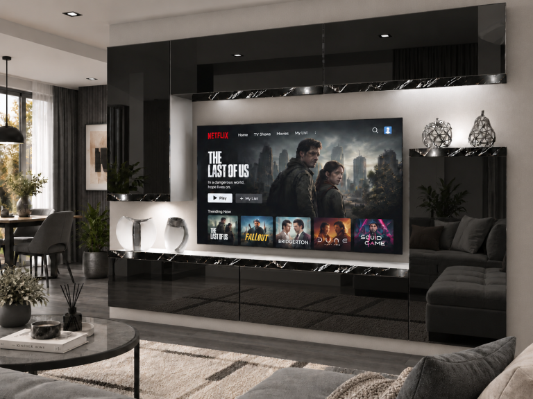 Parete attrezzata Prestige 250 cm TV/RTV nera lucida Produttore IMP P Woody 8/5/W/B/0/0/CS