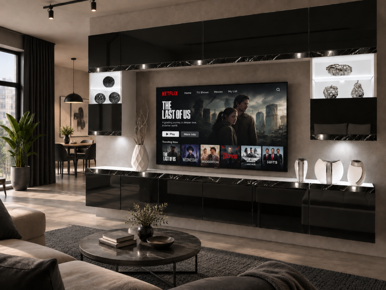 Parete attrezzata Prestige 300 cm TV/RTV nera lucida Produttore IMP P2 Nolan 1/5/W/B/0/0/CS