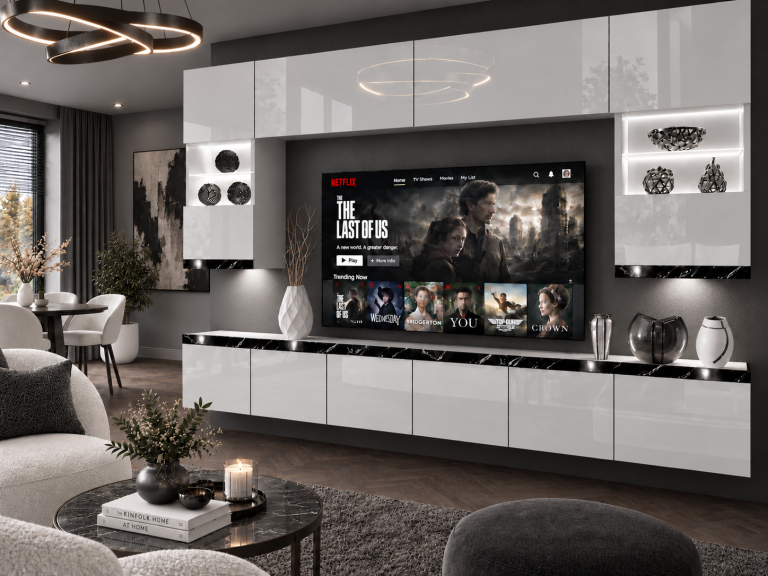 Parete attrezzata Prestige 300 cm TV/RTV bianca lucida Produttore IMP P1 Nolan 1/5/W/W/0/0/CS