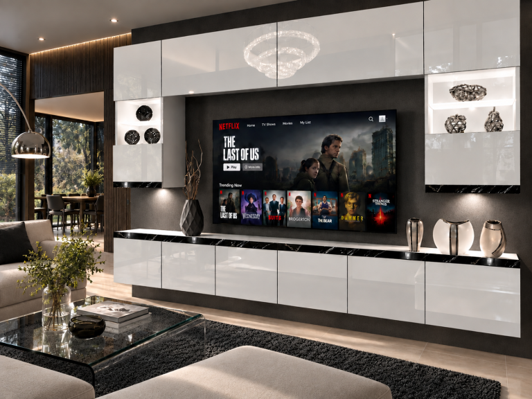 Parete attrezzata Prestige 300 cm TV/RTV bianca lucida Produttore IMP P1 Nolan 1/5/W/W/0/0/CS