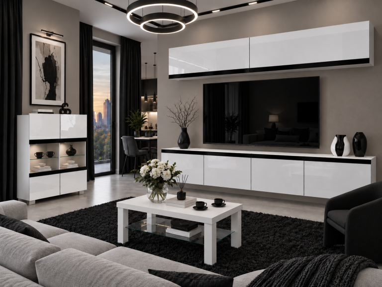 Parete attrezzata Prestige 200 cm TV/RTV bianca lucida Produttore IMP P Brando 6/5/W/W/0/0/CM